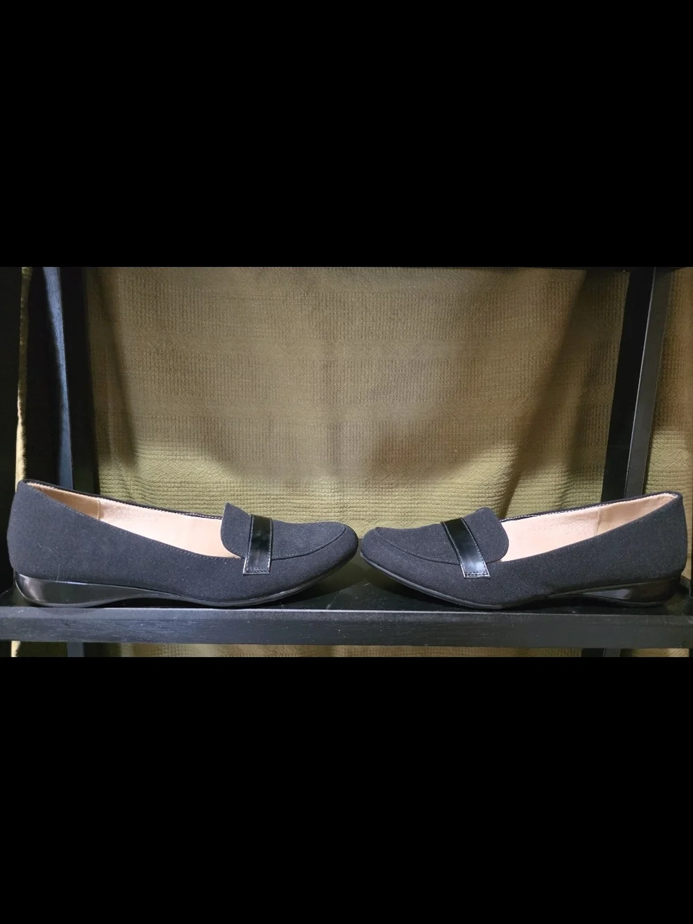 Women's Black Faux Suede Loafers with Patent Trim